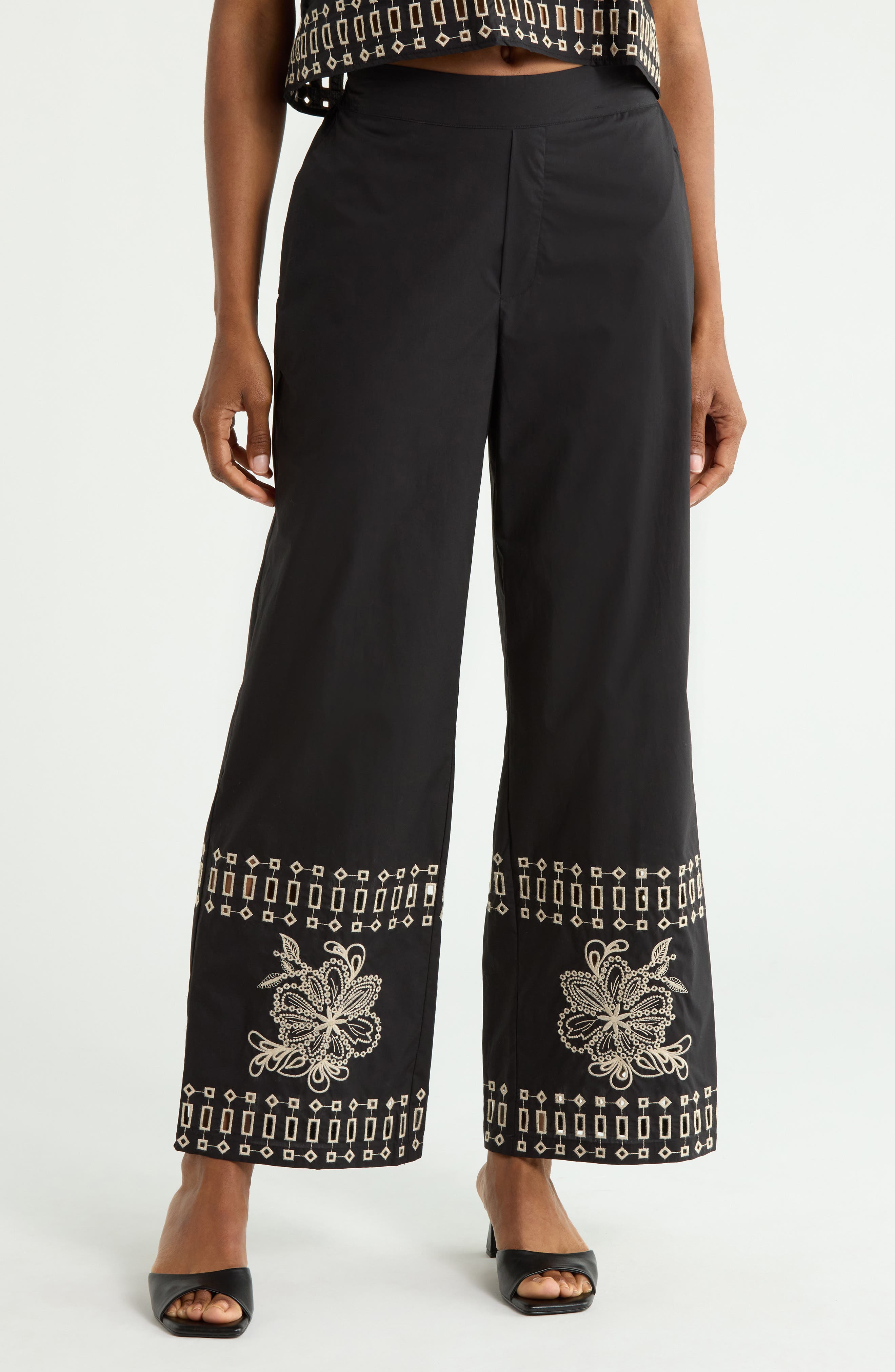 Embroidered Hem Pull-On Pants