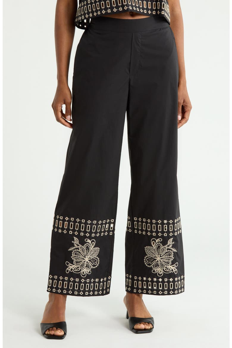 Embroidered Hem Pull-On Pants, Main, color, BLACK/ IVORY EMBROIDERY