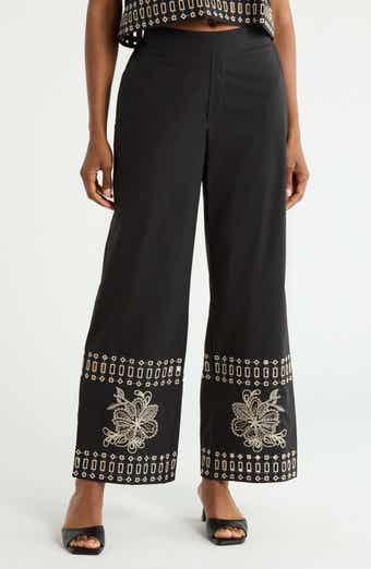 Embroidered Hem Pull-On Pants