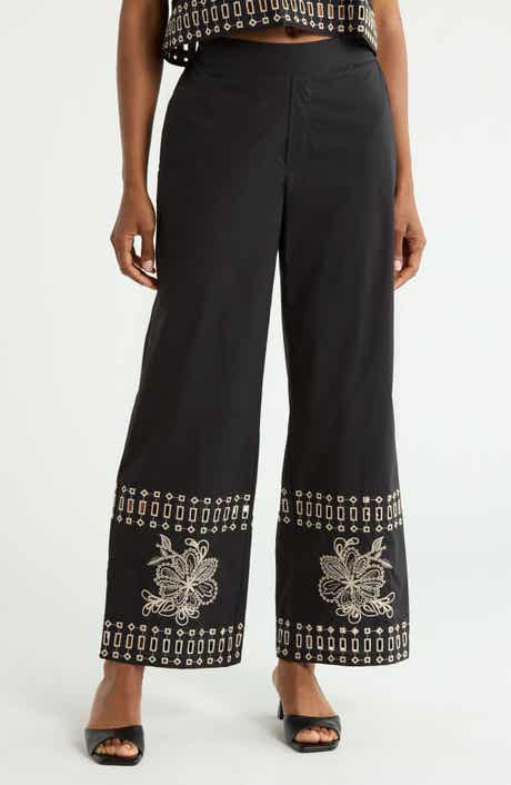 Embroidered Hem Pull-On Pants