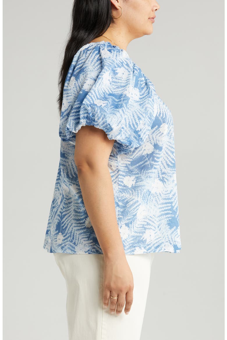 Puff Sleeve Front Button Organic Cotton Top, Alternate, color, BLUE MOONLIGHT FLORAL FERNS