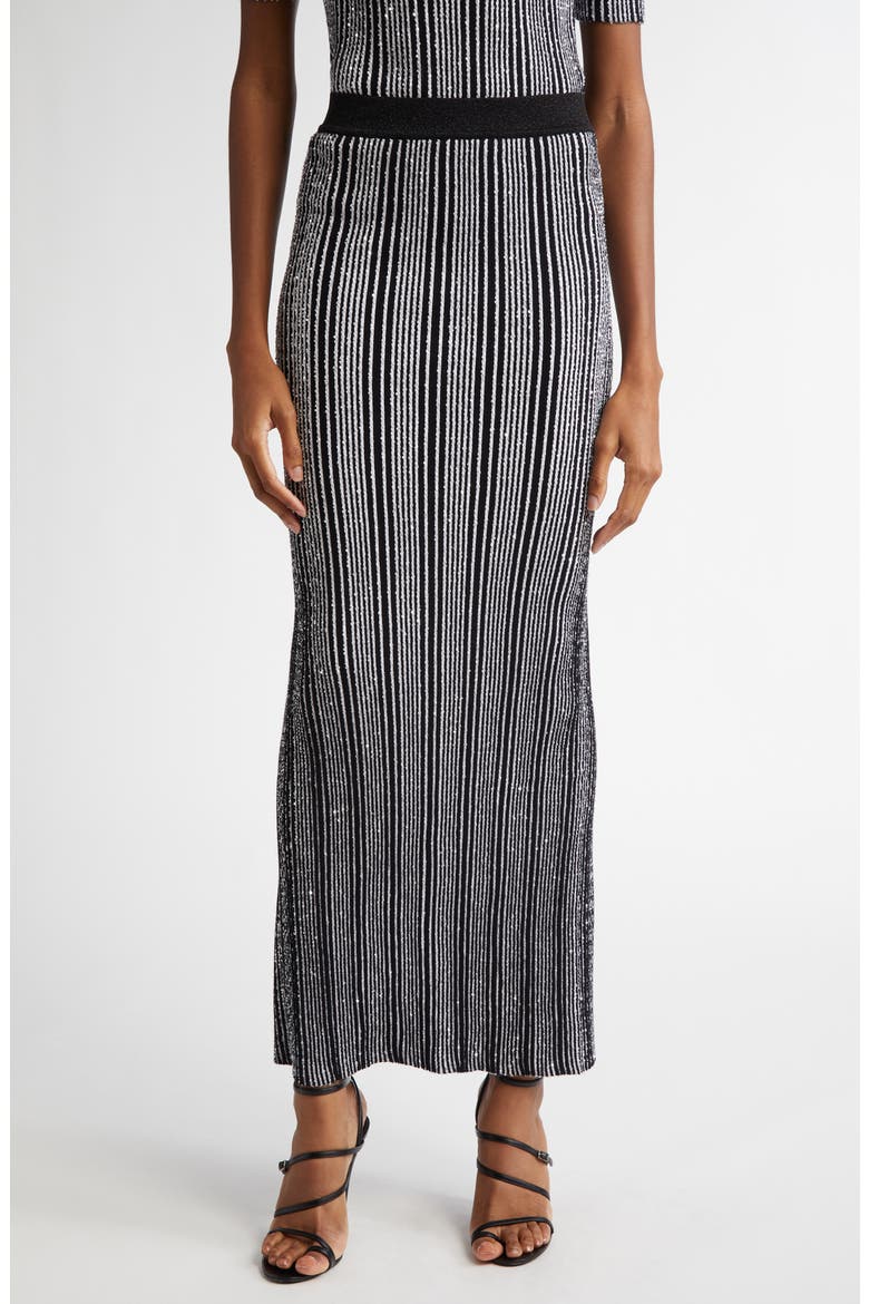 Shimmer Sequin Stripe Maxi Skirt, Main, color, WHITE AND BLACK