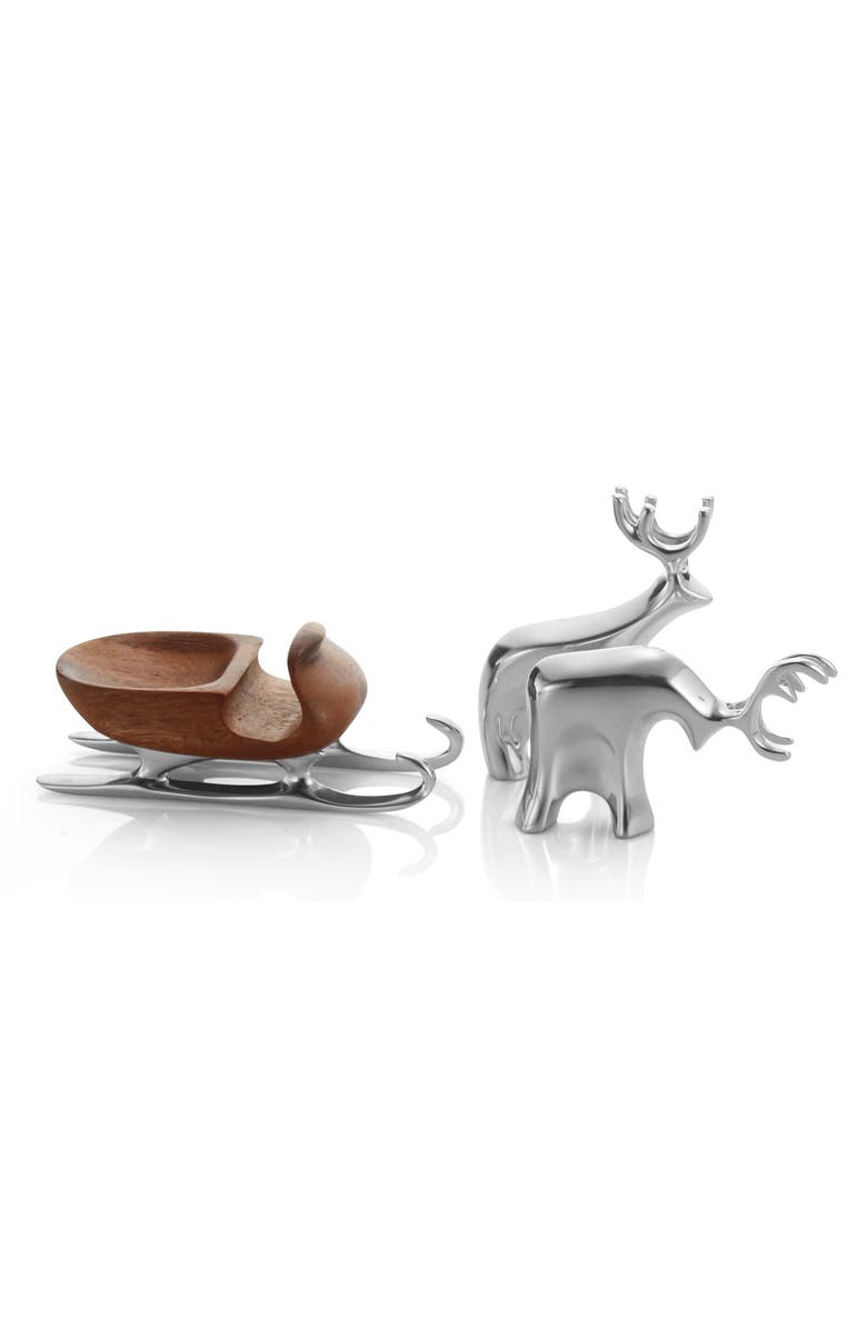 Nambé Miniature Sleigh & Reindeer Set, Main, color, Silver