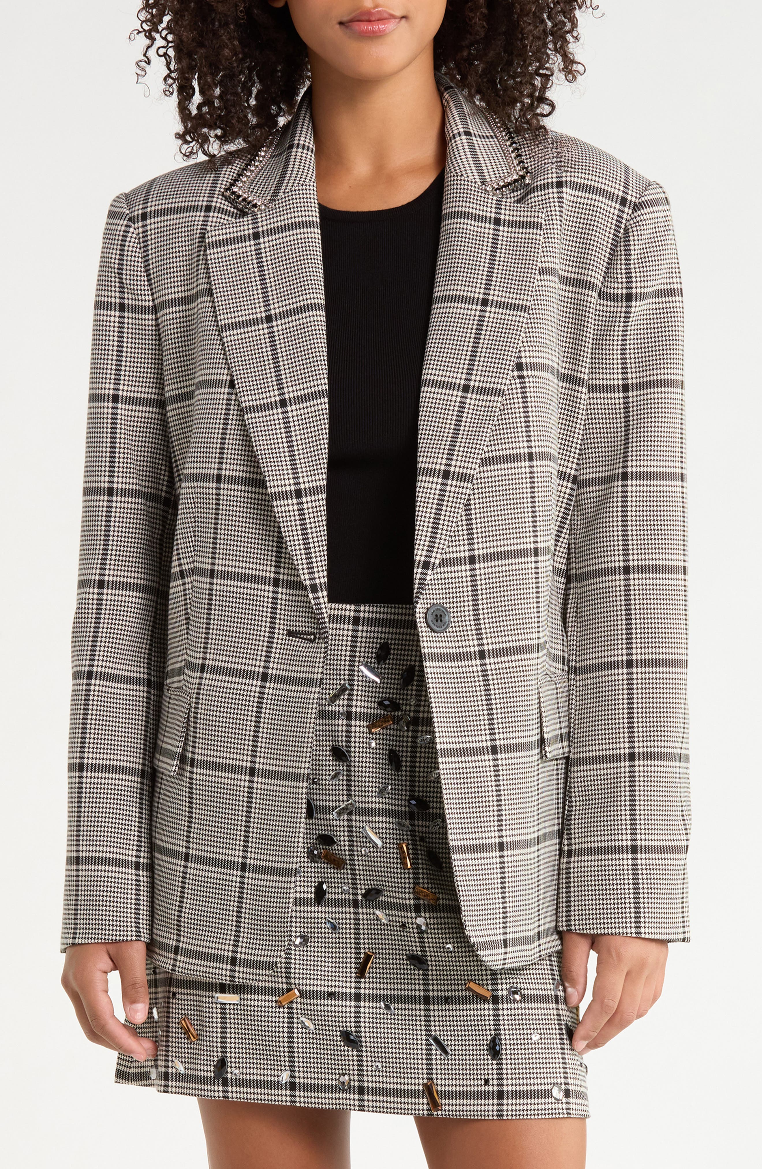 Sam Edelman Rhinestone Trim Oversized Plaid Blazer (Women) | Nordstrom