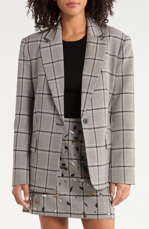 Rhinestone Trim Oversized Plaid Blazer