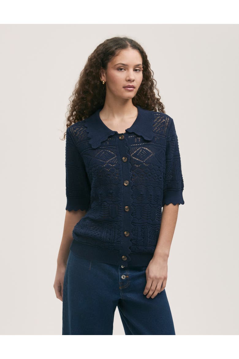 Marlowe Short Sleeve Crochet Cardigan, Main, color, Navy