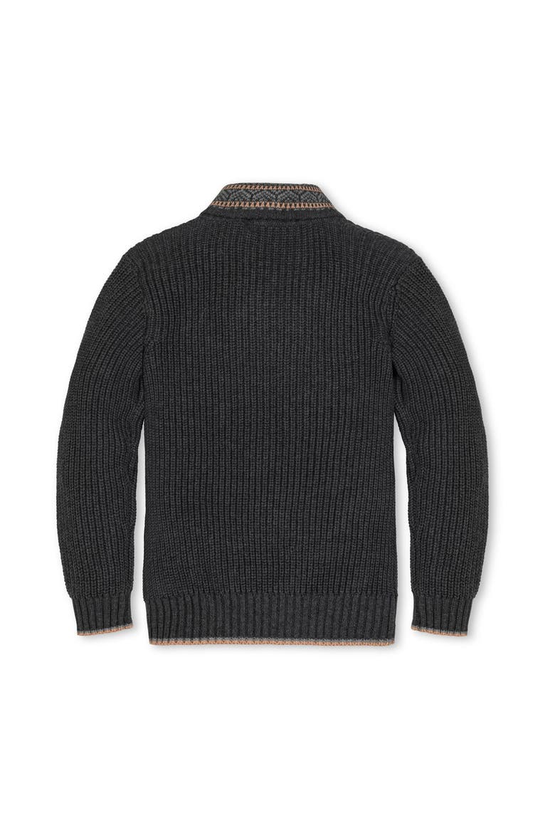 Kids' Organic Long Sleeve Shawl Collar Sweater with Intarsia Detail, Alternate, color, Charcoal Heather with Detail