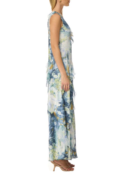 Komarov Abstract Floral Ruffle Long Dress In Green