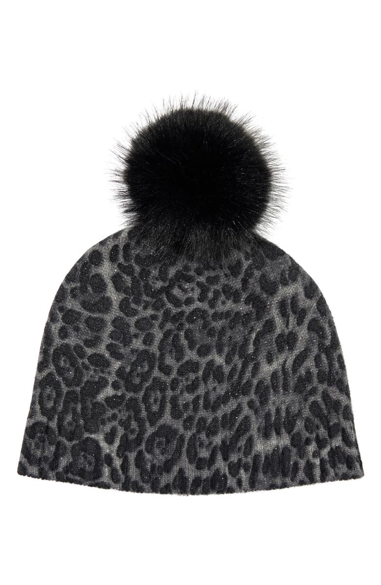Sofia Cashmere Faux Fur Pom Cashmere Lurex Knit Beanie, Main, color, 