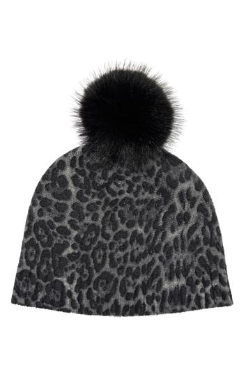Sofia Cashmere Faux Fur Pom Cashmere Lurex Knit Beanie In Gray