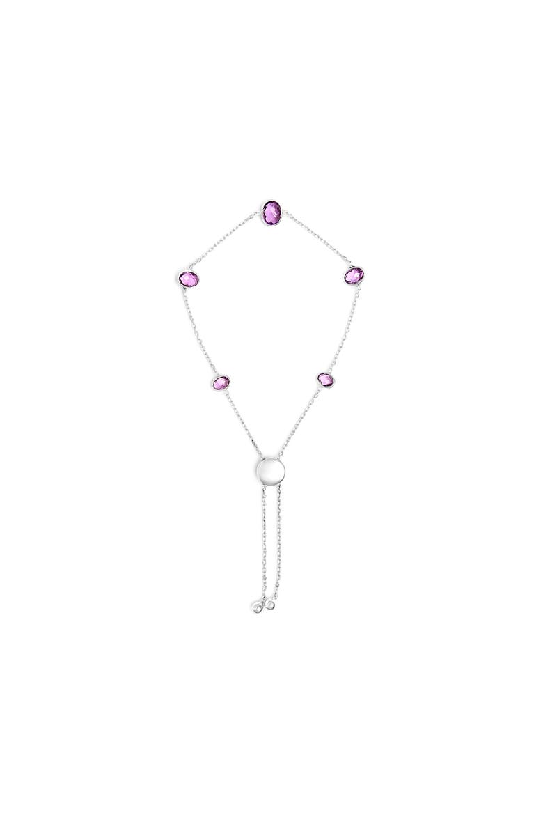 .925 Sterling Silver Bezel Set Purple Amethyst 5 Station Adjustable Bolo Bracelet, Main, color, White