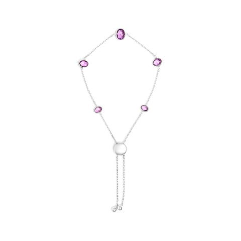 .925 Sterling Silver Bezel Set Purple Amethyst 5 Station Adjustable Bolo Bracelet