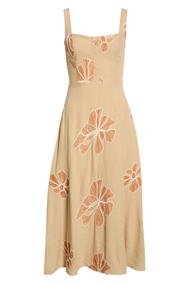 Placed Embroidered Floral Midi Dress, Alternate, color, MOCHA MULTI