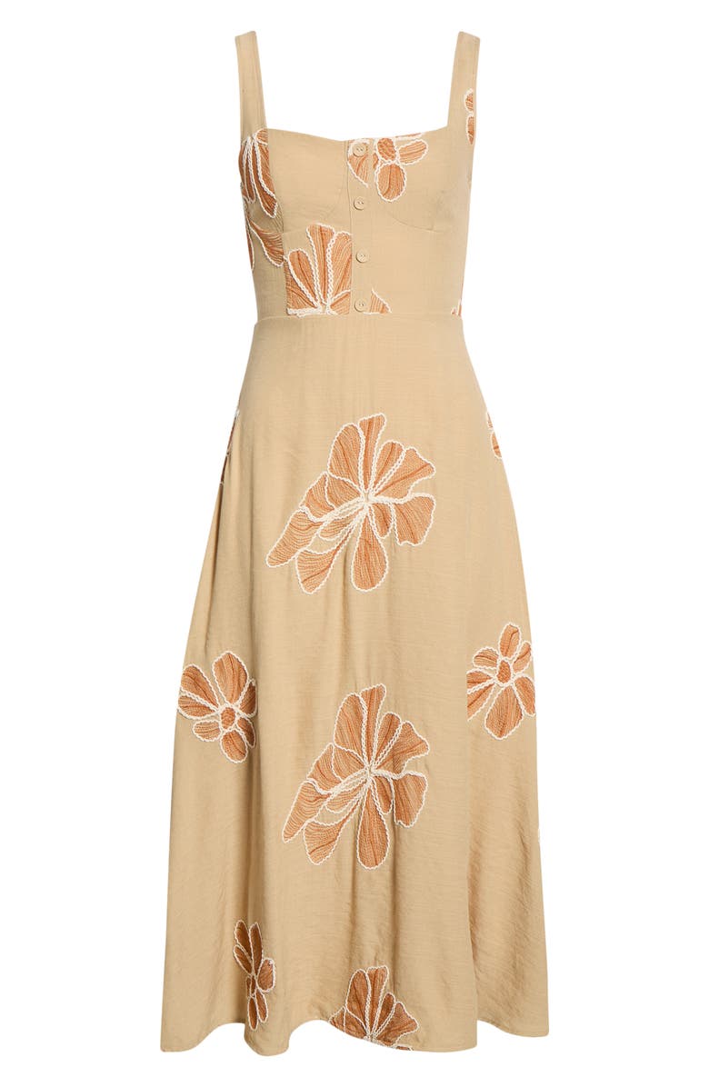 MOON RIVER Placed Embroidered Floral Midi Dress, Main, color, Mocha Multi