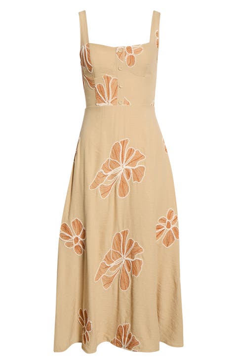 Placed Embroidered Floral Midi Dress