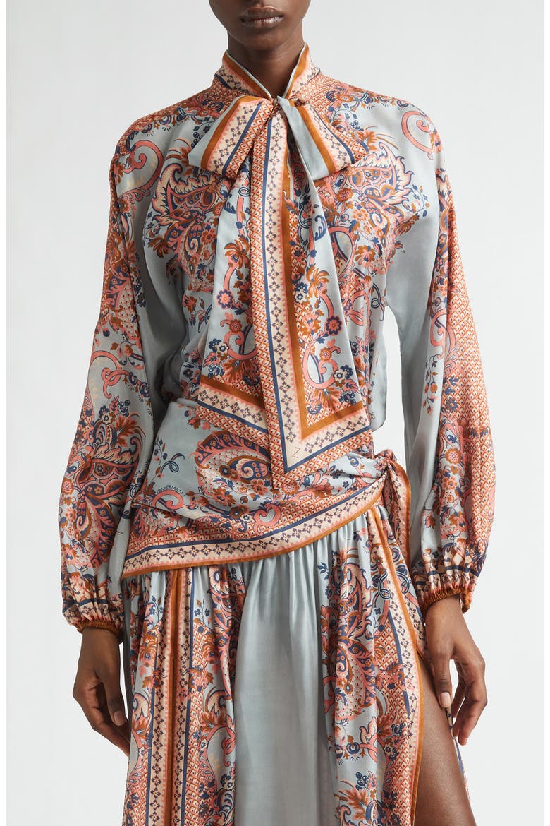 Aster Paisley Scarf Tie Silk Shirt, Main, color, BLUE PAISLEY FLORAL