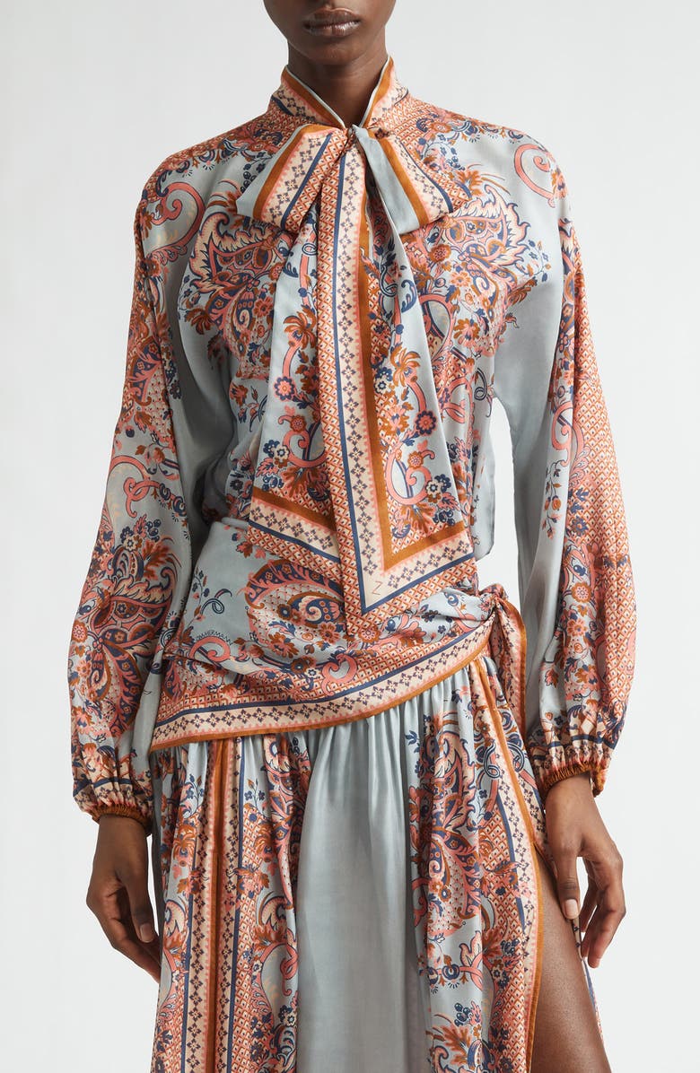 Zimmermann Aster Paisley Scarf Tie Silk Shirt, Main, color, Blue Paisley Floral