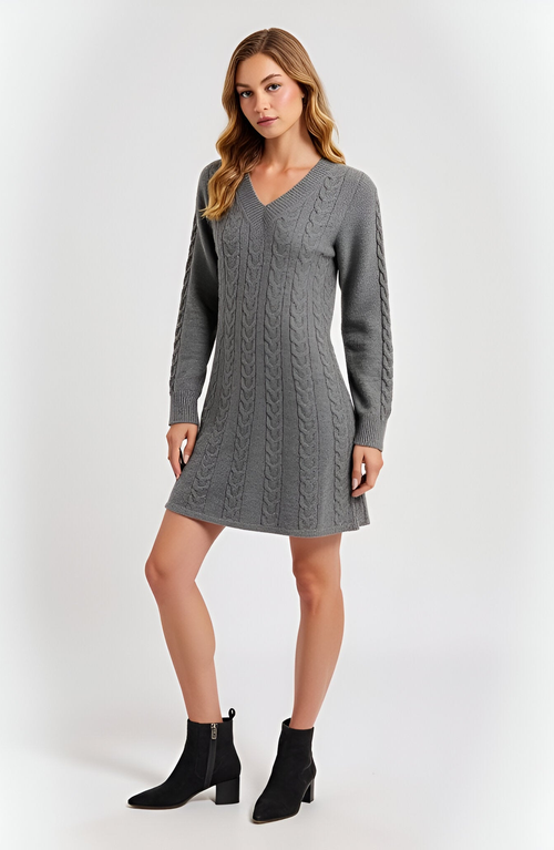 Modenaire Cable Knit V-neck Long-sleeve Sweater Dress In Gray