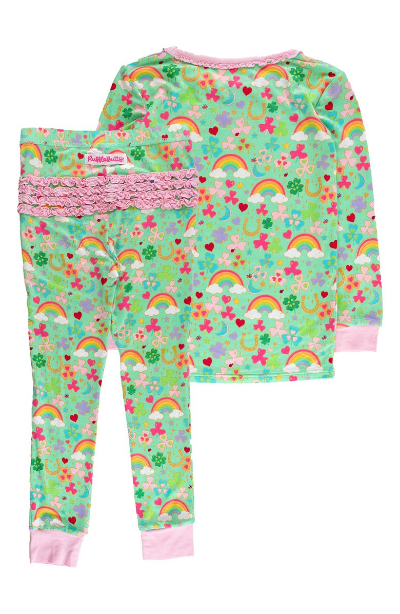 RuffleButts Kids' Lucky Day Ruffle Long Sleeve Fitted Pajamas, Alternate, color, Green