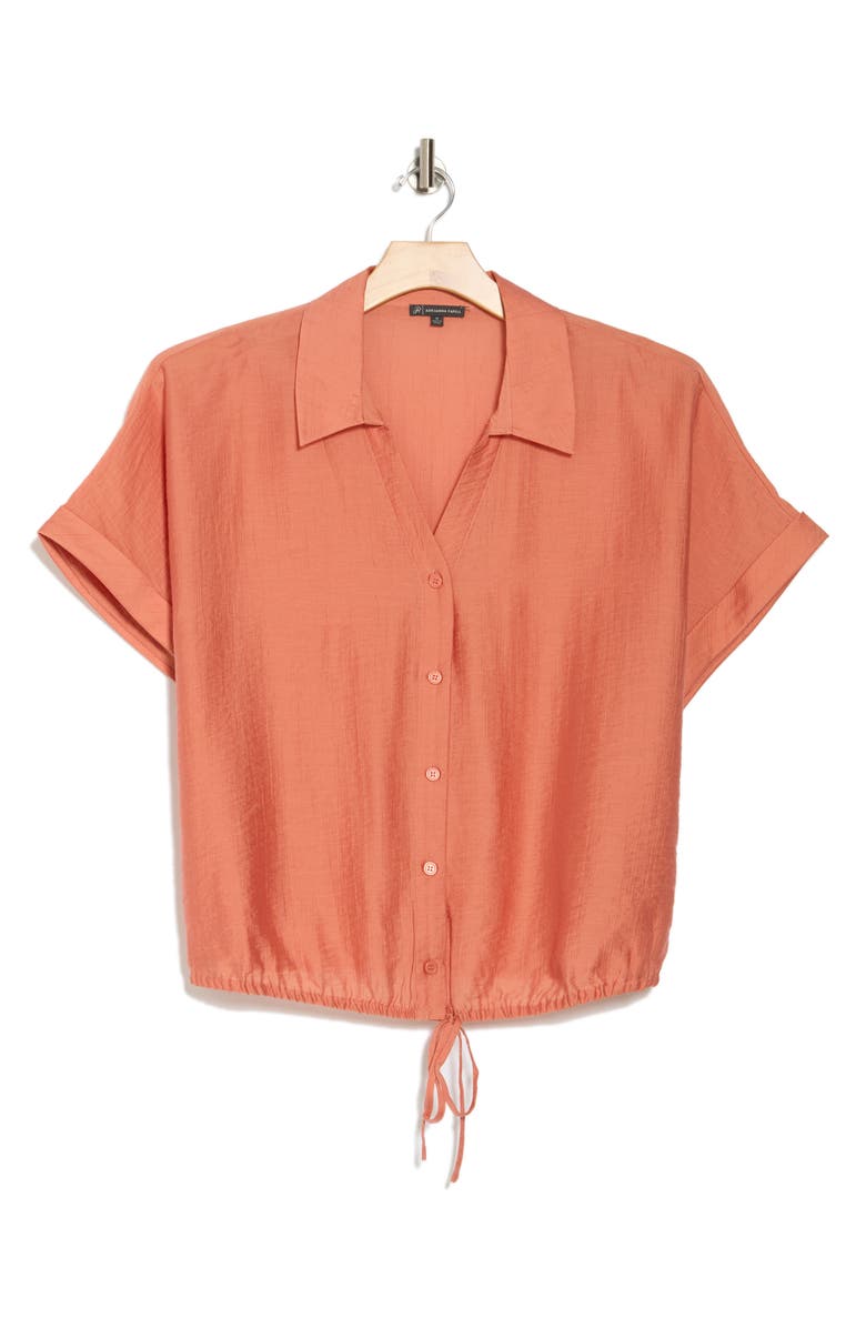Adrianna Papell Short Sleeve Tie Front Button-Up Shirt, Alternate, color, Desert Rose