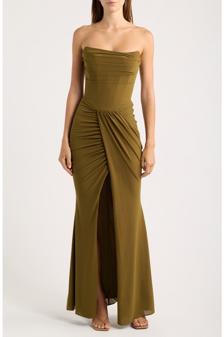 Portia Strapless Crepe Gown & Georgette Scarf Set, Alternate, color, OLIVE