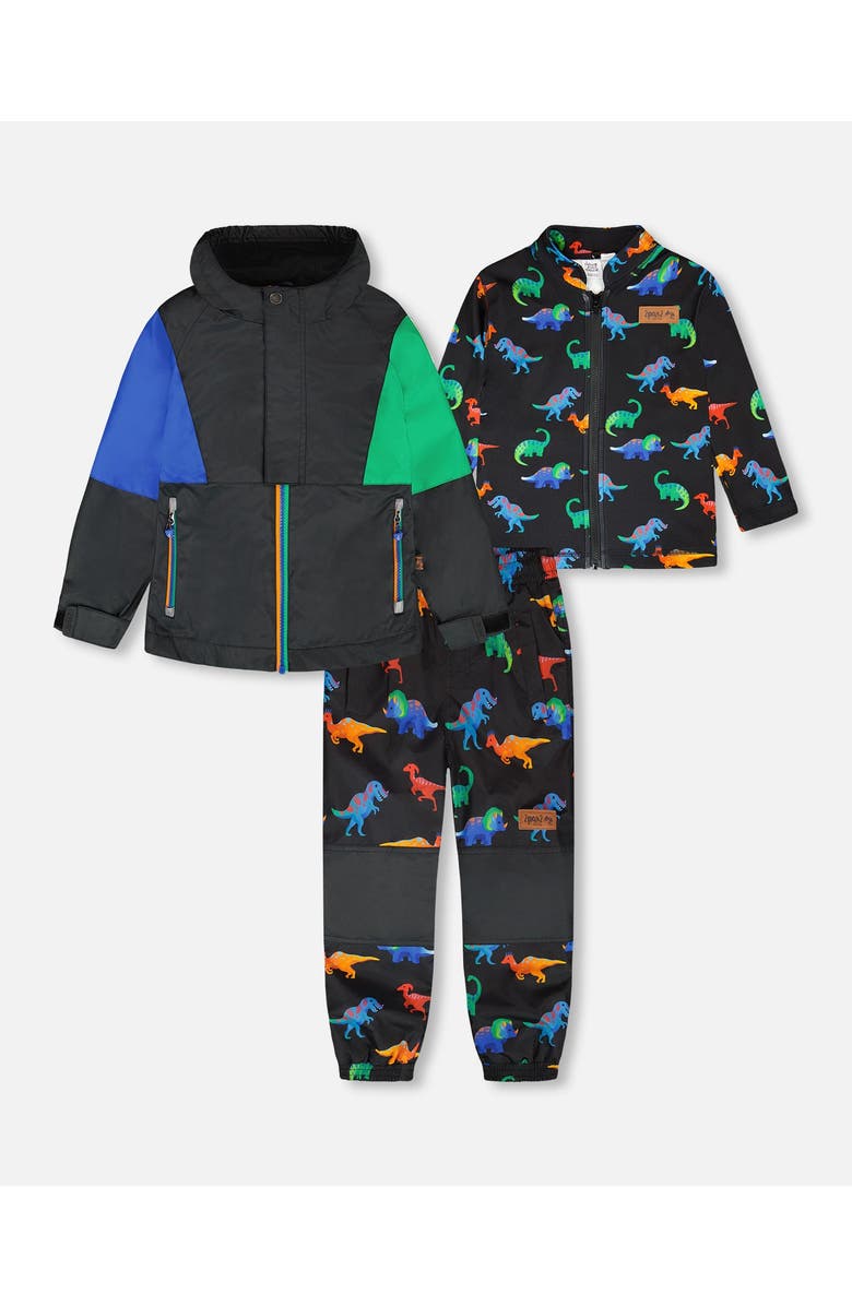 Deux par Deux 3-in-1 Two-Piece Dinosaur Print Mid-Season Outerwear Set, Main, color, Black Dinosaur Print