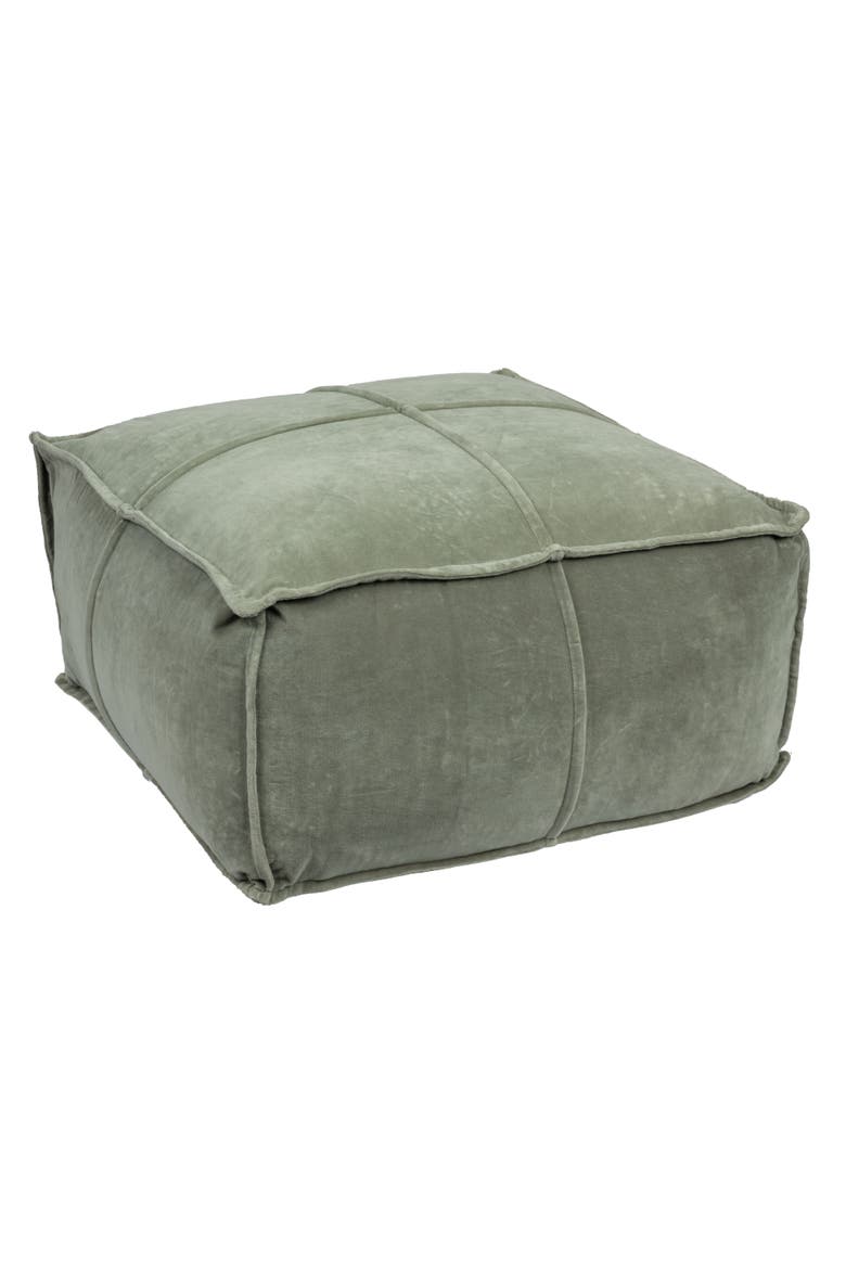Square Cotton Velvet Pouf with Piped Detail, Sage Green, Main, color, Green