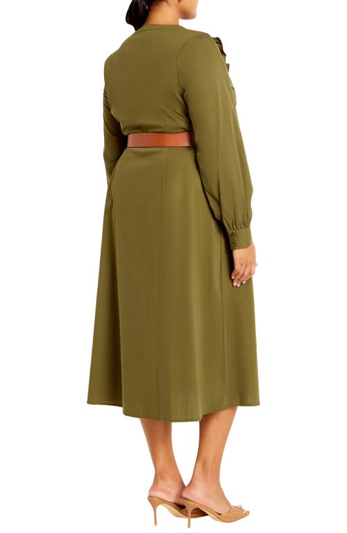 Shop City Chic Zoe Belted Long Sleeve Dress In Khaki