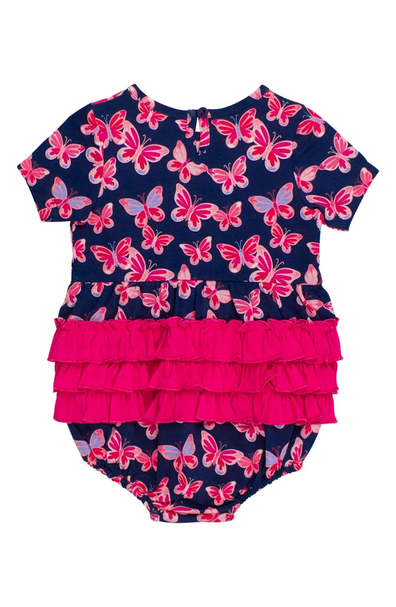 RuffleButts Butterfly Bliss Ruffle Cotton Bubble Romper, Alternate, color, Blue