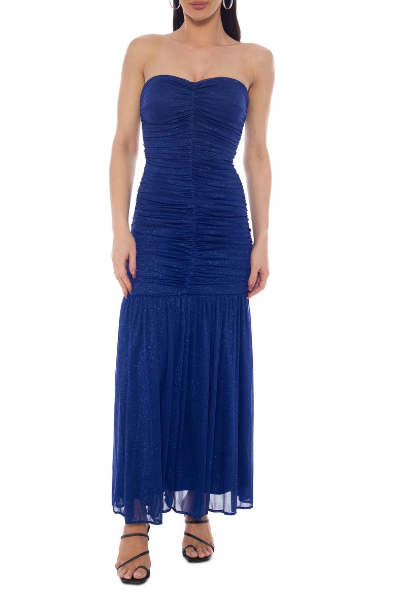 Glitter Ruched Strapless Gown, Main, color, ROYAL