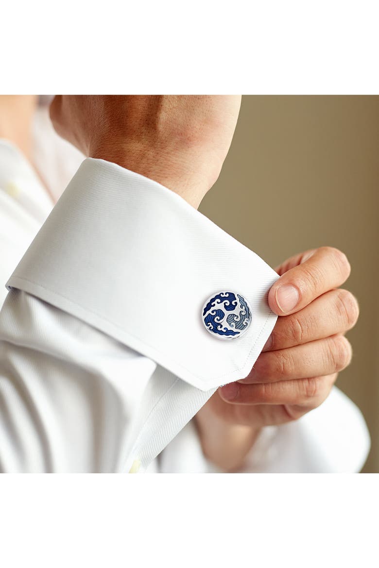 Round Cufflinks with Blue Enamel Wave Overlay, Alternate, color, Blue