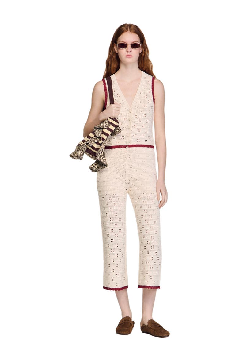Crochet-look knit trousers, Alternate, color, Ecru