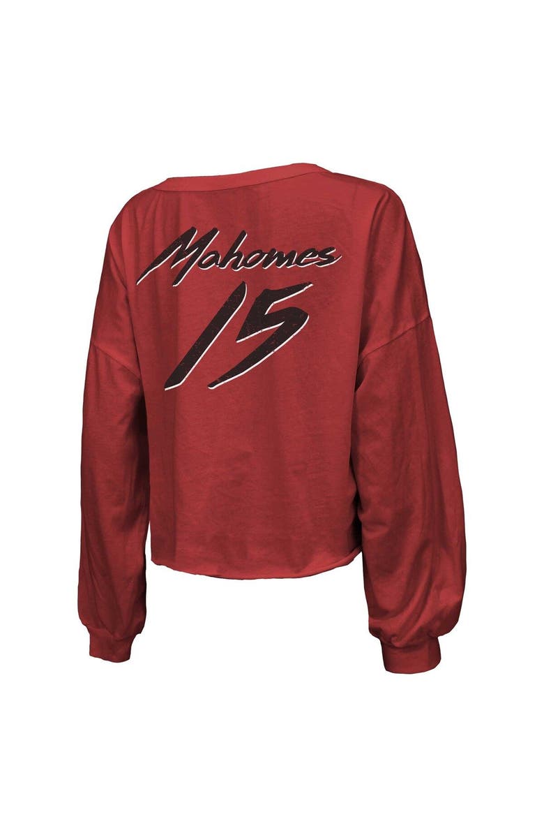Women's Majestic Threads Patrick Mahomes Red Kansas City Chiefs Name & Number Off-Shoulder Script Cropped Long Sleeve V-Neck T-Shirt, Alternate, color, Red