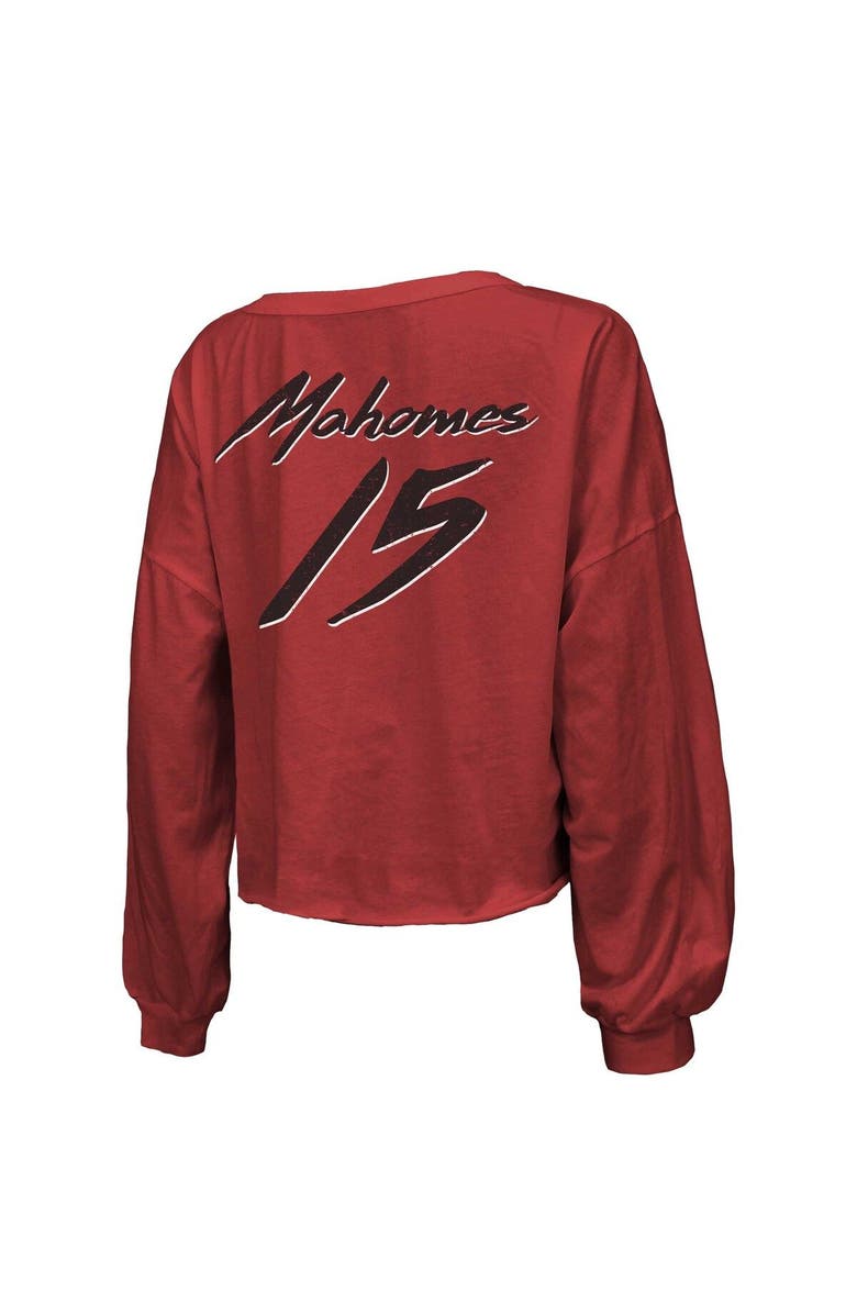 Majestic Threads Women's Majestic Threads Patrick Mahomes Red Kansas City Chiefs Name & Number Off-Shoulder Script Cropped Long Sleeve V-Neck T-Shirt, Alternate, color, Red