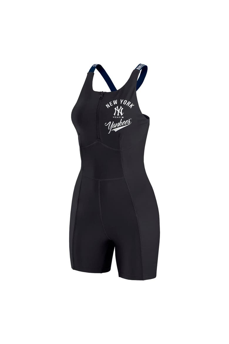 Women's WEAR by Erin Andrews  Black New York Yankees Bodycon Quarter-Zip Romper, Alternate, color, Black