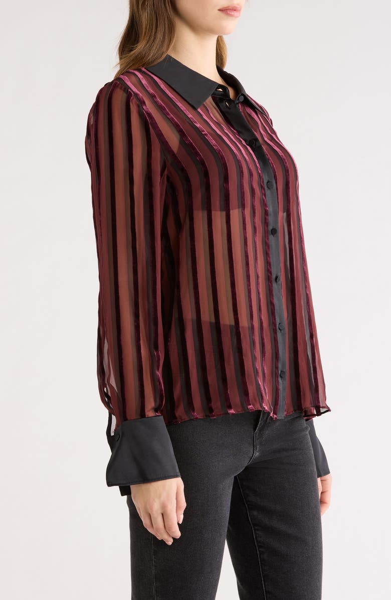 PAIGE Mazzy Velvet Stripe Sheer Silk Blend Shirt, Alternate, color, Aubergine/ Black