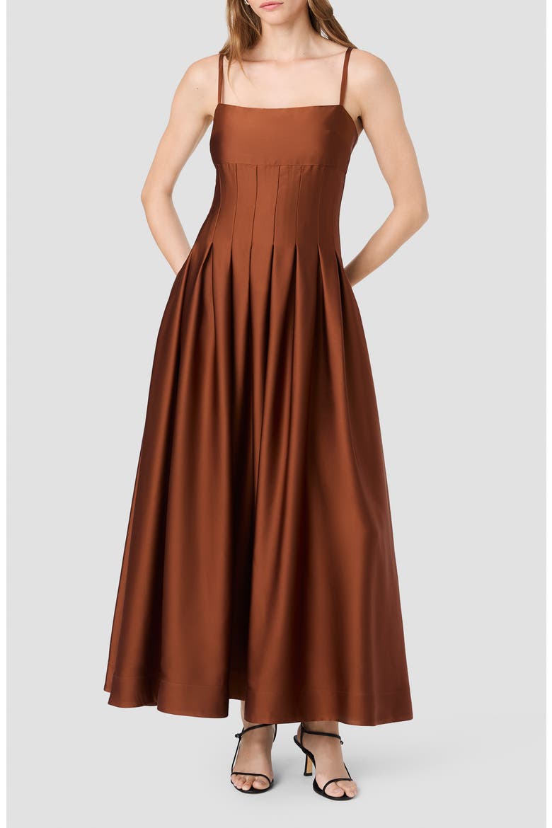 Pleated Sleeveless Satin Maxi Dress, Main, color, CHESTNUT BROWN