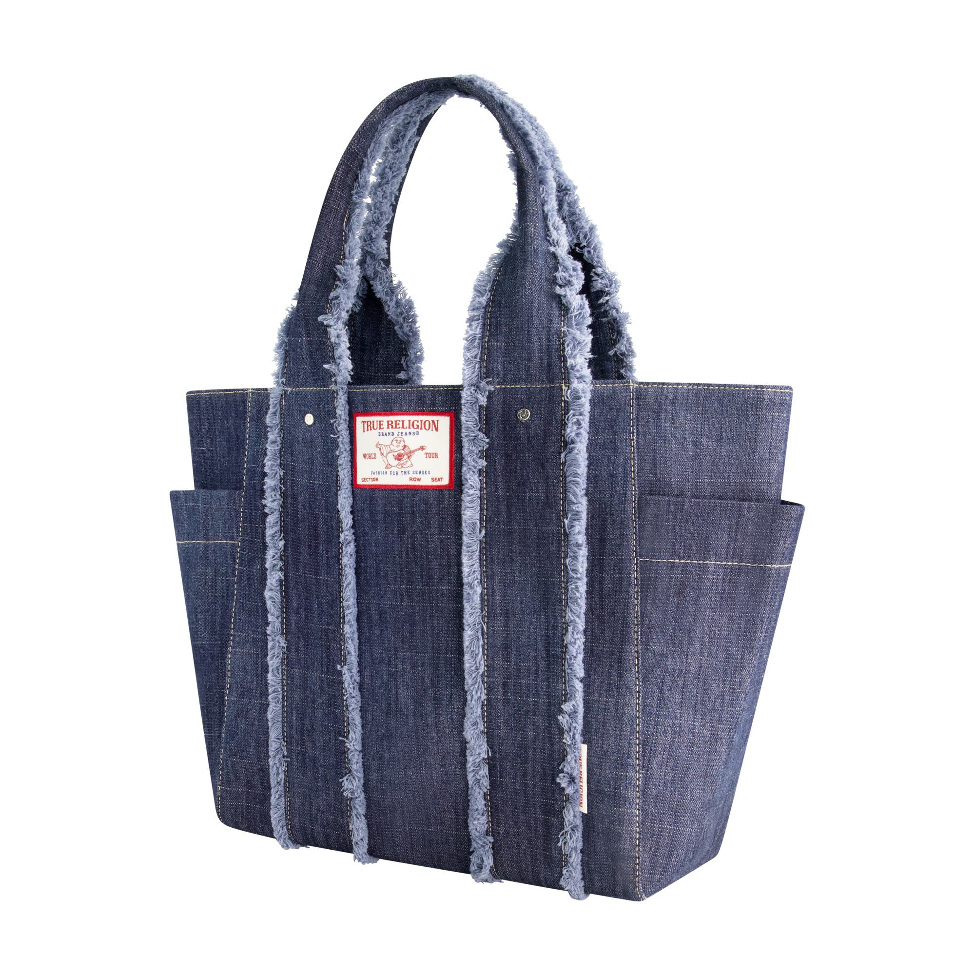 True Religion Frayed Handle Solid Denim Tote, Alternate, color, Dark Denim