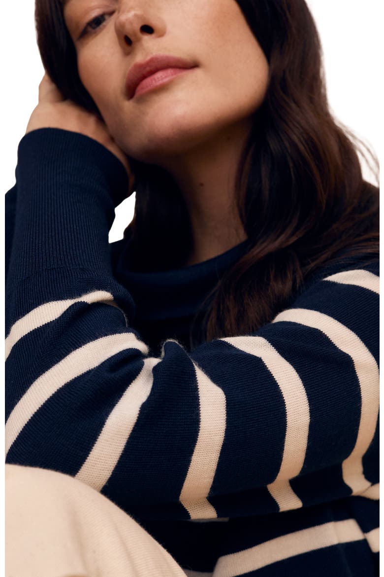 Fine Knit Merino Collard Sweater, Alternate, color, Navy / Ecru Stripe
