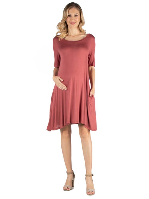 24seven Comfort Apparel Maternity Soft Flare T-shirt Dress With Pocket Detail In Pink