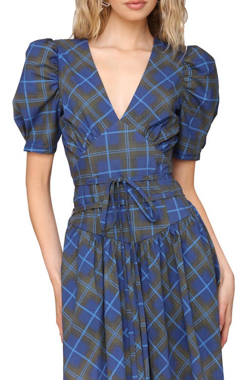Avec Les Filles Plaid Puff Sleeve Tie Belt Stretch Cotton Midi Dress In Blue