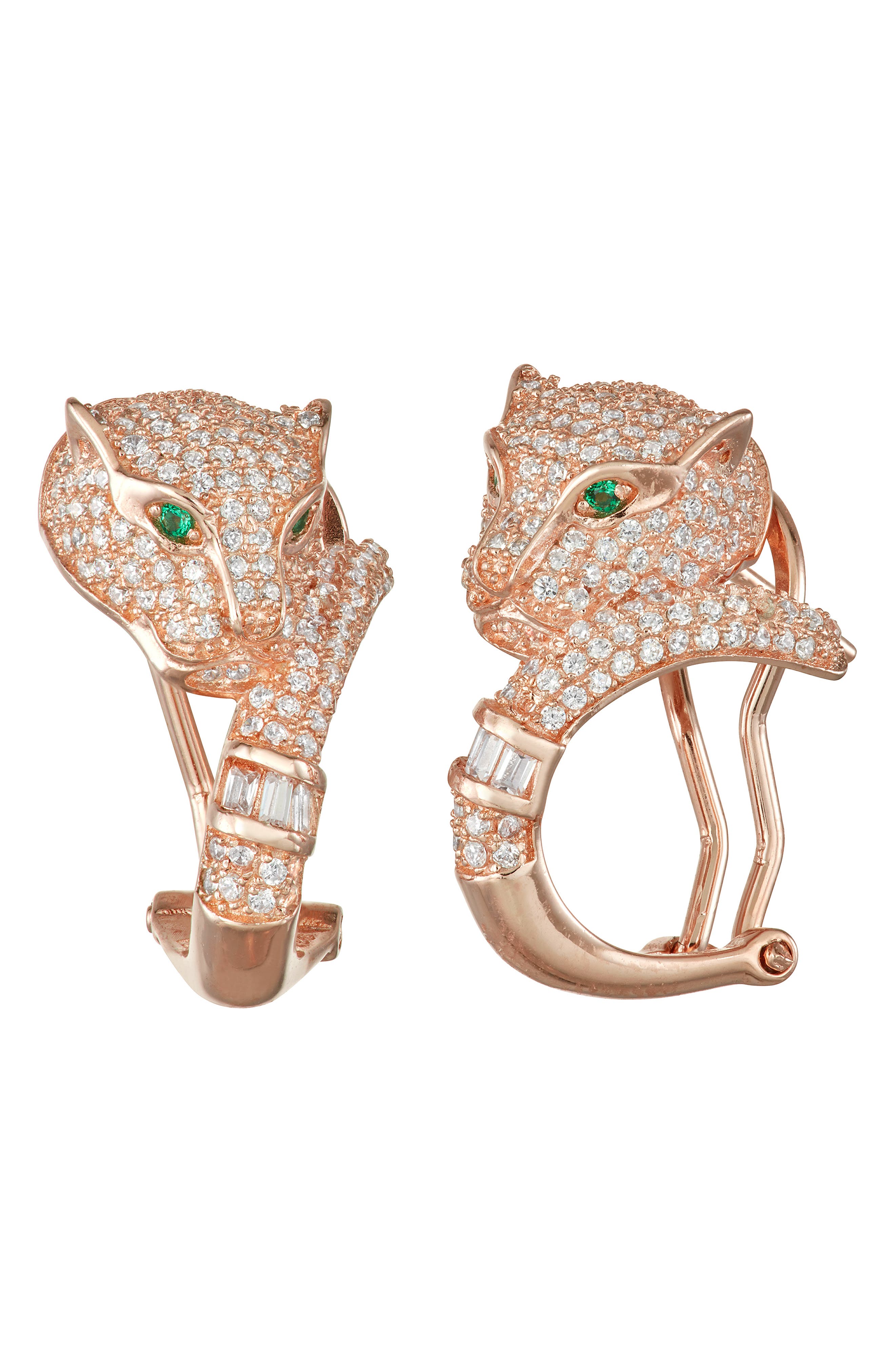 FZN 14K Rose Gold Over Silver CZ Panter Statement Hoop Earrings