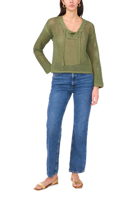 Two By Vince Camuto Open Stitch Lace-up Top In Dark Green