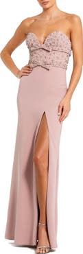 Mac Duggal Elegant Crepe Gown with Sweetheart Neckline, Embellishments & Thigh-High Slit