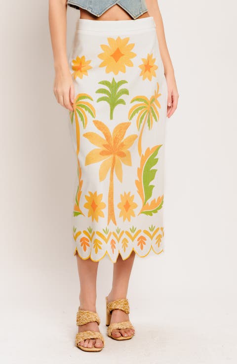 Printed Cotton Blend Midi Skirt