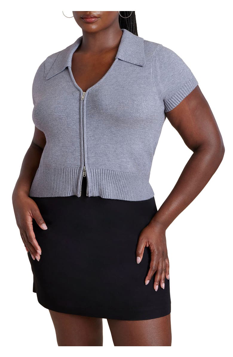 ELOQUII Cropped Zip Up Polo Sweater, Main, color, Heather Charcoal