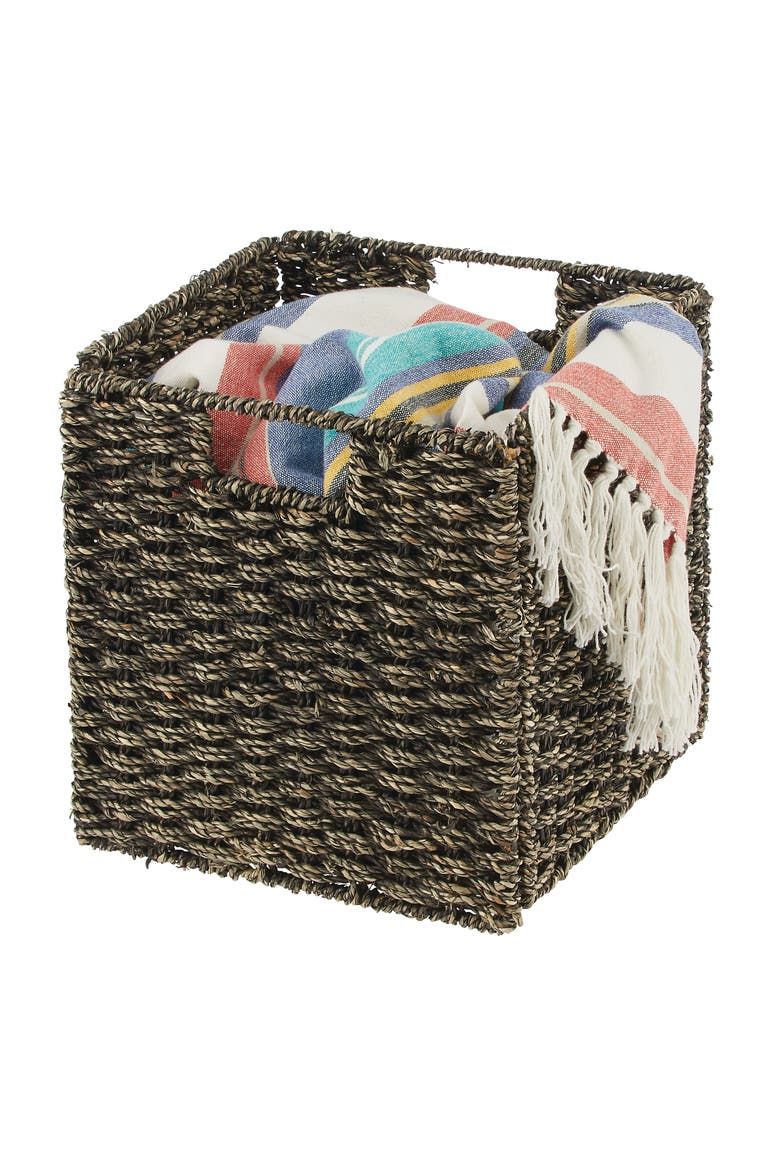 Seagrass Woven Cube Bin Basket Organizer, Handles, 4 Pack, Alternate, color, Black Wash