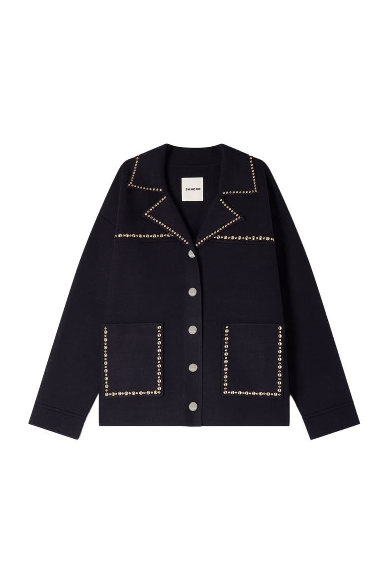 Studded blazer collar cardigan, Alternate, color, Navy blue