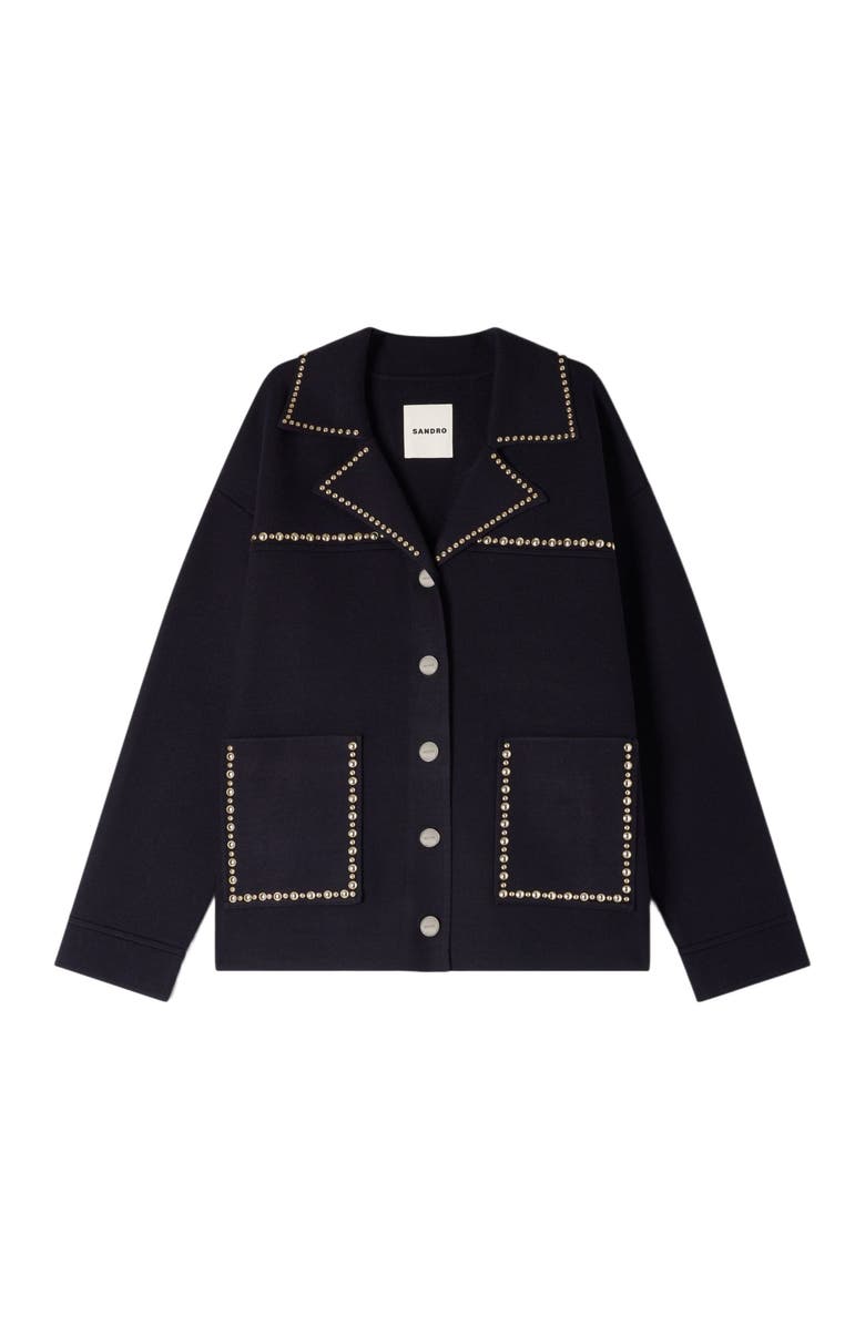 SANDRO Studded blazer collar cardigan, Alternate, color, Navy Blue