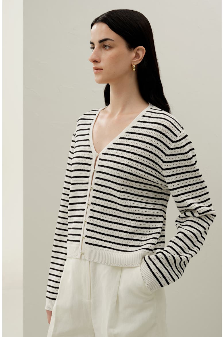 Women's Toscana Striped Pointelle Cardigan, Alternate, color, White With Black Stripes